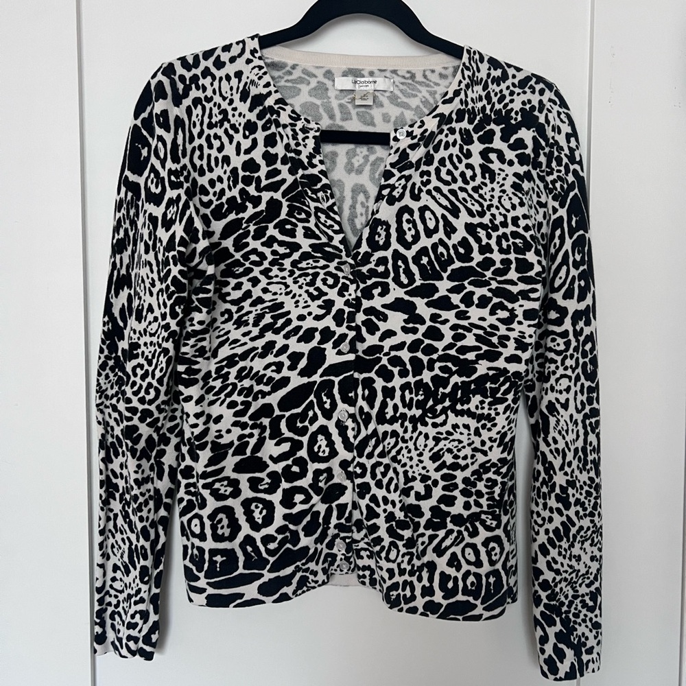 Liz Claiborne Black and White Animal Print Cardigan